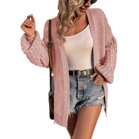 2023 Women's Autumn and Winter New Mid Length Knitwear Coat Solid Lantern Sleeve Sweater Cardigan