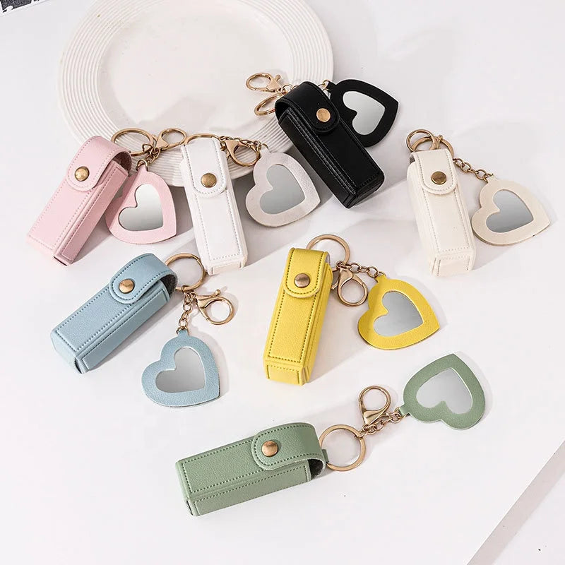 Lipstick Bag Holder Keychain Birthday Gift PU Leather Lip Balm Gloss Lipstick Sleeve Pouch with Mini Mirror