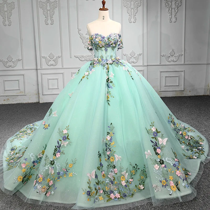 Modest Off the Shoulder Backless Evening Gowns Quinceanera Dresses Fruit Green Floral Dress Jancember 6528