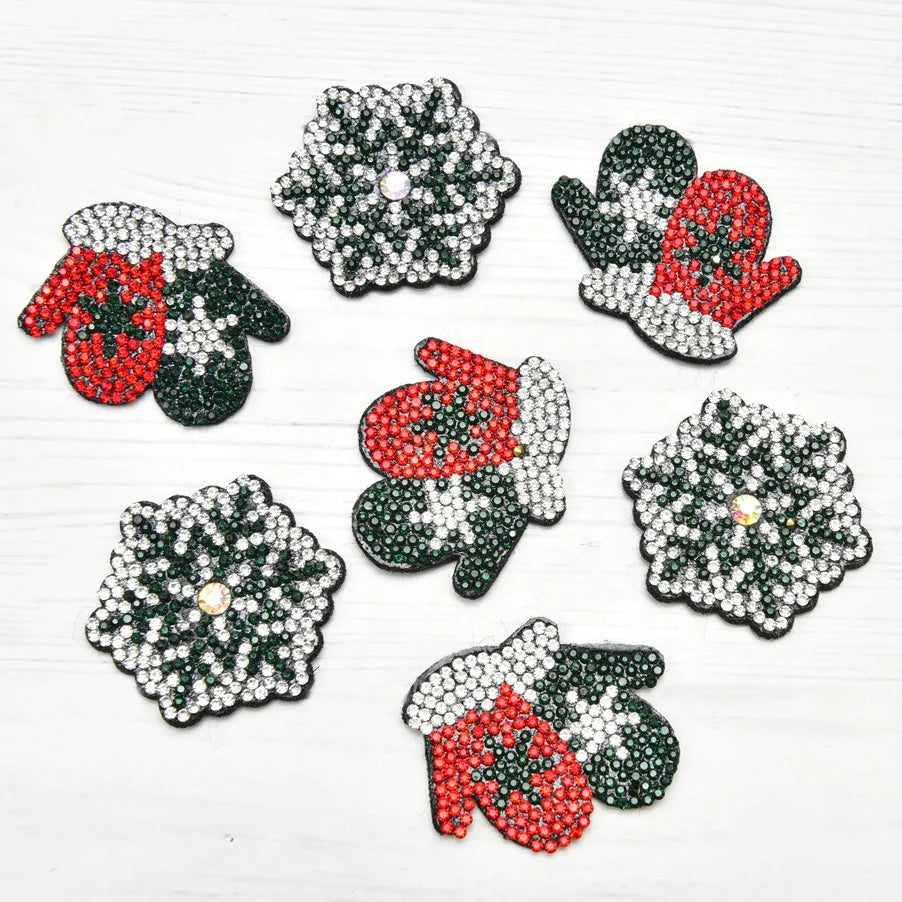 Cute Crystal Christmas Snowflake Gloves Rhinestone Felt Clothes Patches Stickers Diy Shoes Hats Bags Applique Accessories