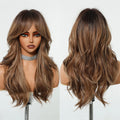 Long Wavy Layered Synthetic Wigs for Women Brown Highlights Wigs With Side Bangs Natural Hair Daily Party Heat Resistant Wig