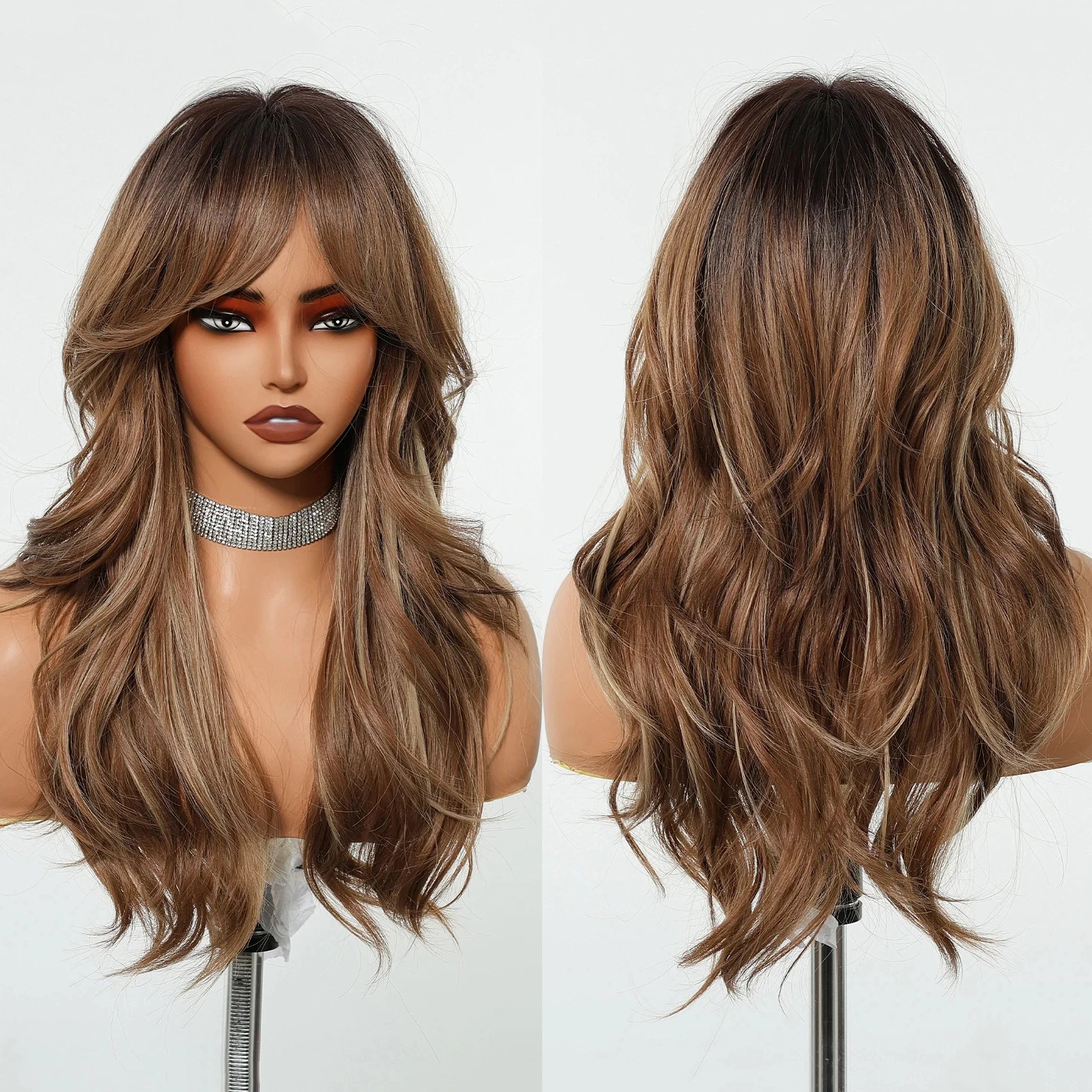 Long Wavy Layered Synthetic Wigs for Women Brown Highlights Wigs With Side Bangs Natural Hair Daily Party Heat Resistant Wig