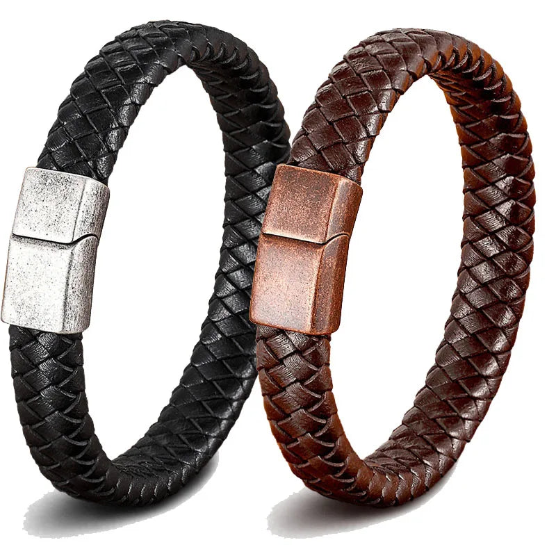 Best Sell Vintage Men Magnetic Clasp Handmade Braided Genuine Leather Bracelet Friendship Bangles Accessories Jewelry