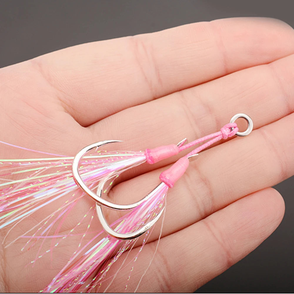 1/0-6/0 Jigging Fishing Assist Hooks Luminous Fluorescent Wool Iron Plate Hook Built-in Steel Wire Super Luminous Effect