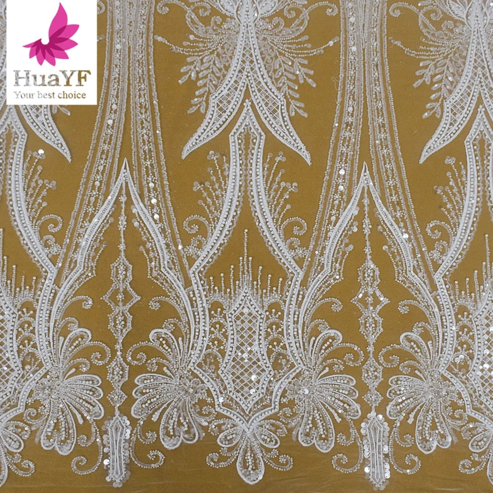 HY2417 2023 Gorgeous White Beaded Pearls Lace With Crystal Sequins French Wedding Bridal Dress Fabric
