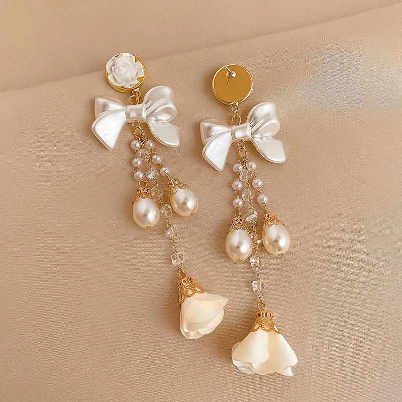 Fashion Pearl Pearl Bow Crystal Camellia Pendant Tassel S925 Silver Needle Long Pearl Tassel Earrings