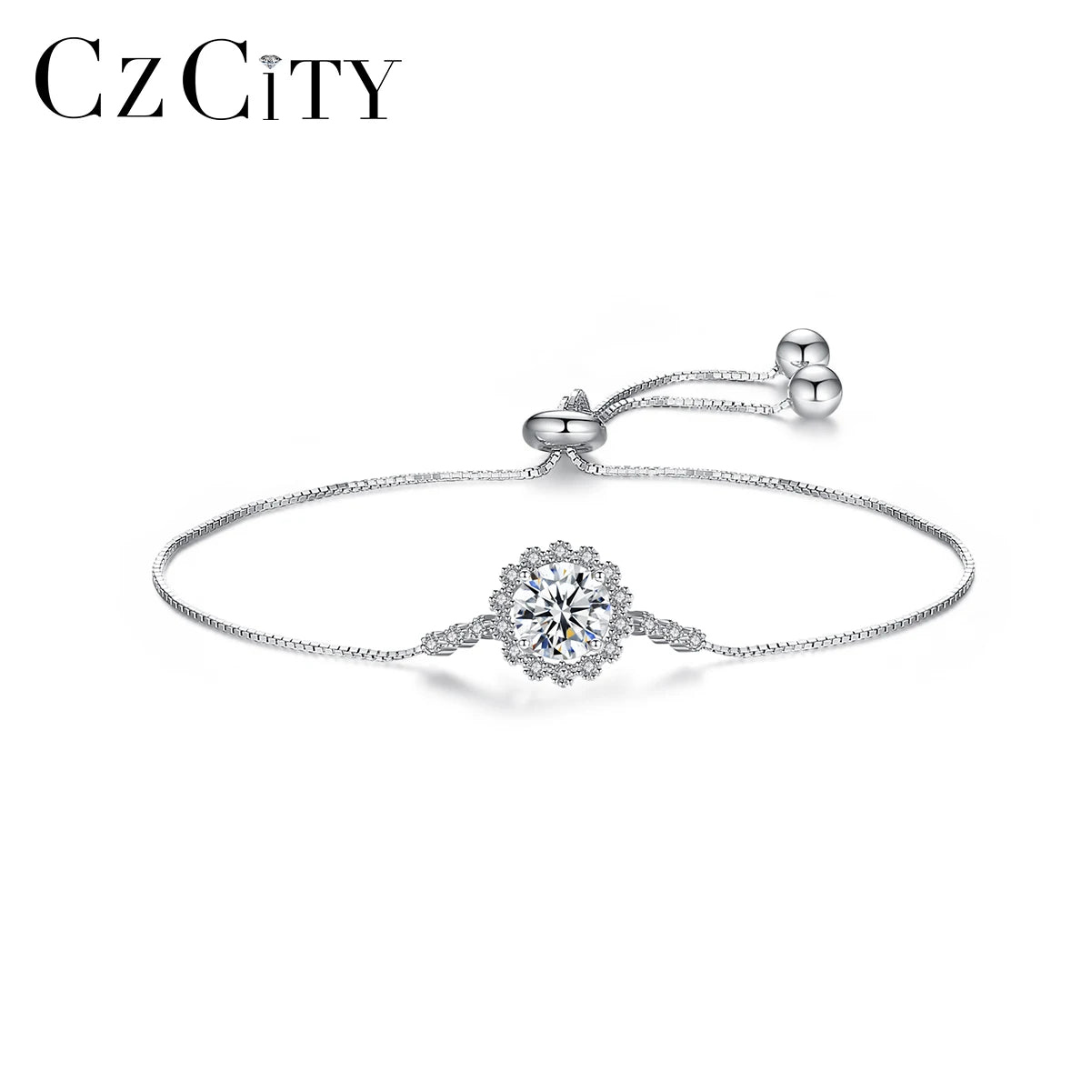 CZCITY Topaz One Carat Moissanite Bracelet 925 Sterling Silver Moissanite Round Adjustable Charm Bracelet