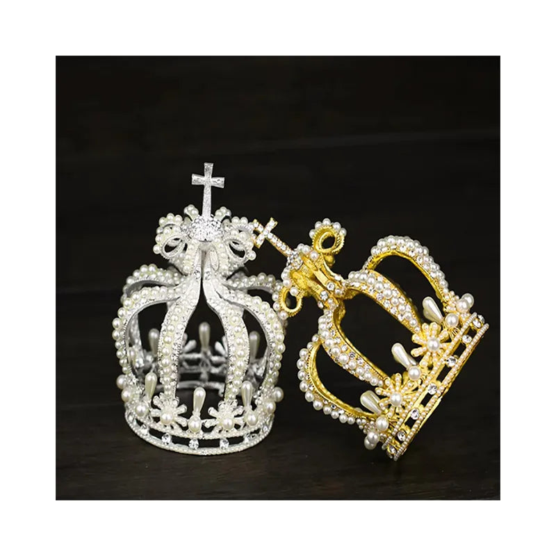 Full Pearls Golden Silver Kings Crown Delicate Hollow Out Large Round Gold Crowns Metal Rhinestone Hair Accessories Women Luxury