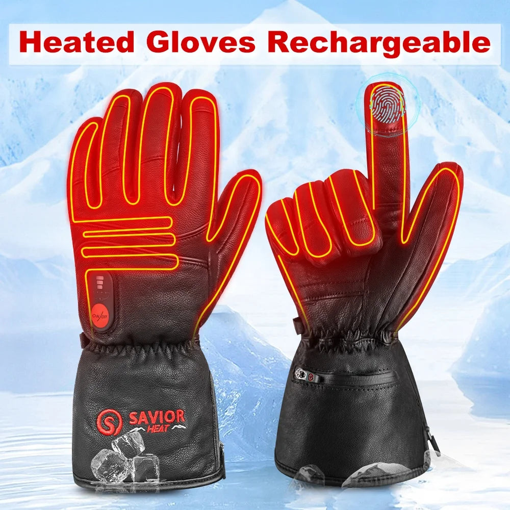 Heated Leather Gloves Men Women Winter Waterproof Touchscreen Thermal Electric Hand Warmer 3 Heating Temperature Ski Gloves