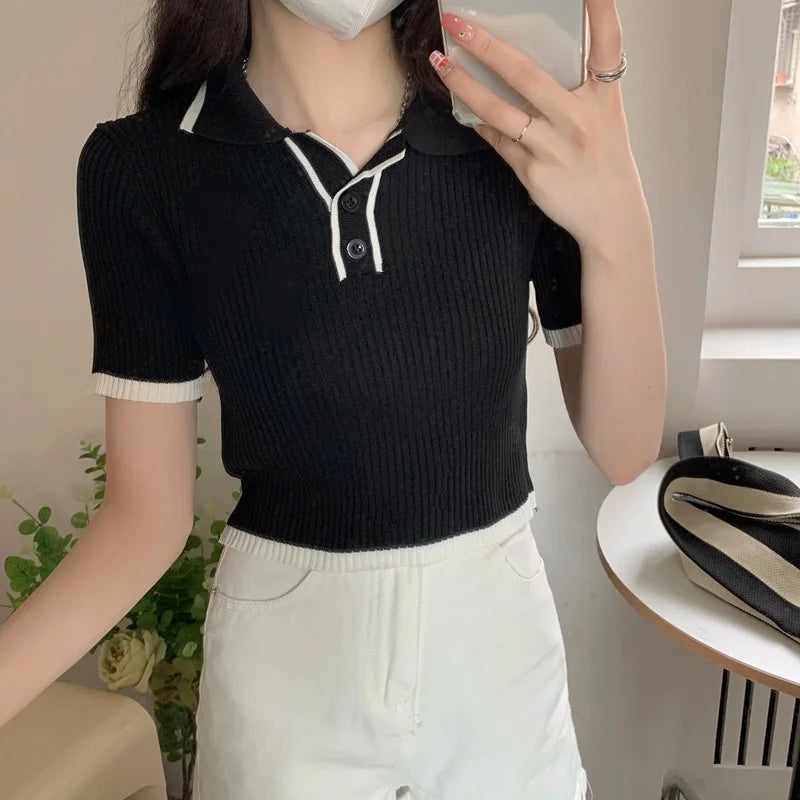Wholesale Hot Selling Ladies Fashion Short Sleeve Knitted Polo Shirt Women's Summer Slim Fit T-shirt Sexy Short Style Top Tee