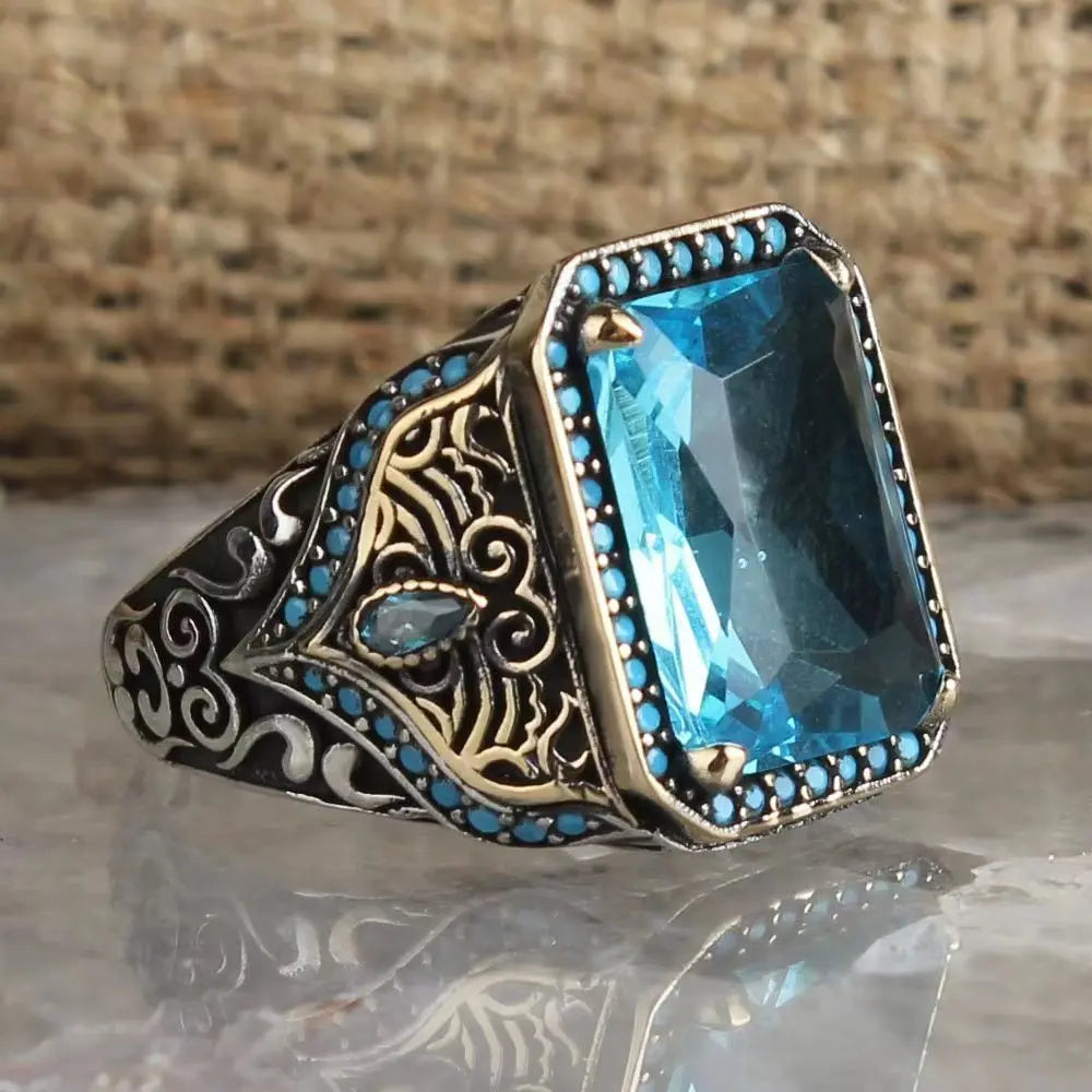 European and American Retro Ethnic Style Set with Red Green Blue Diamond Wide Ring Stylish Finger Ring for Men