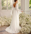 13251#Chiffon Simple Deep V-Neck Long Bell Sleeves Sexy Open Back Elegant A-Line Ruched Pleated Wedding Dress Bridal Gown