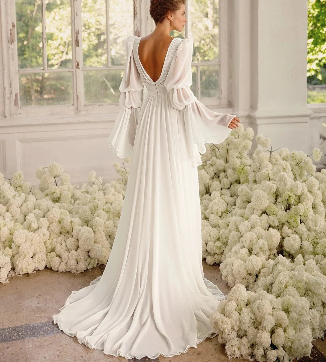 13251#Chiffon Simple Deep V-Neck Long Bell Sleeves Sexy Open Back Elegant A-Line Ruched Pleated Wedding Dress Bridal Gown