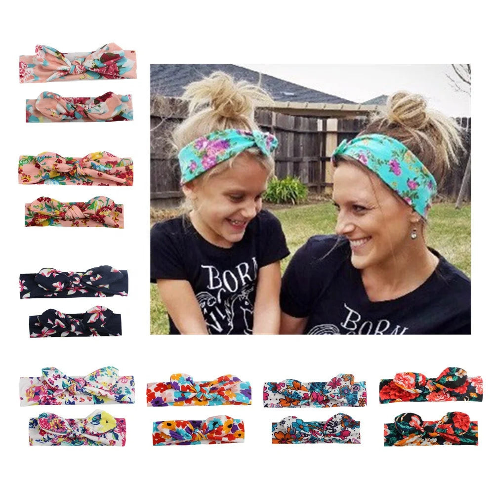 Newborn Infant Toddler Rabbit Bunny Ears Stretch Hair Band Flower Print Baby Girl Top Knot Headband Set Mommy and Me Accessories