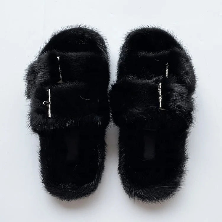 Hot on Sale Female Footwear Wholesale Cheap Fashion Colored Black Faux Fluffy Plush Animal Mink Fur slippers for Women
