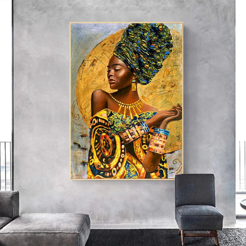 African Black Woman Figure Art Canvas Paintings Posters and Golden Luxury Prints Wall Art Pictures for Living Room Home Decor