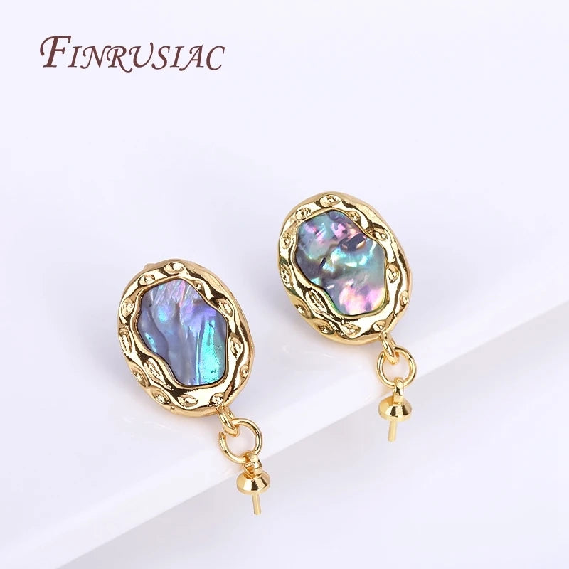 18K Real Gold Plated Abalone Shell Pattern Texture Oval Post Earring Findings DIY Pearl Earrings Pendant Jewelry Components