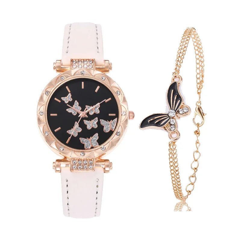2023 Fashion Boutique butterfly Watch New Arrival Pointer Quartz Watch Lady Women Leather Watches Bracelet Gift Set