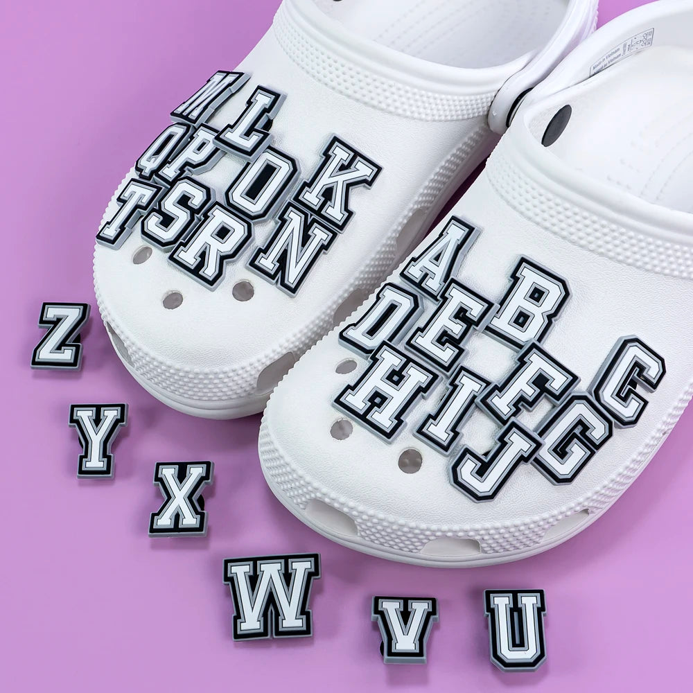 Customized Wholesale Pvc 2d Diy Clog  Sandal Accessories Black White Numbers Letters Shoes Decorations Alphabet Shoe Charms