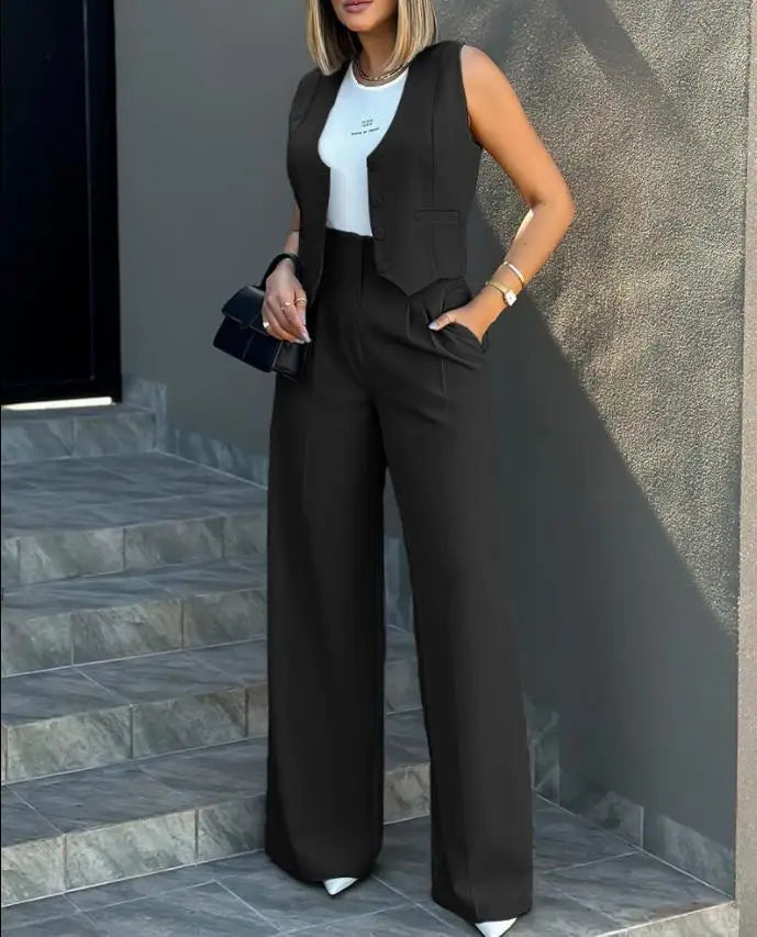 New Fashion Summer Office Lady Casual Suit Women's Short Blazer Vest Broad Leg Pants Solid Pattern Knitting Fabric Embroidered