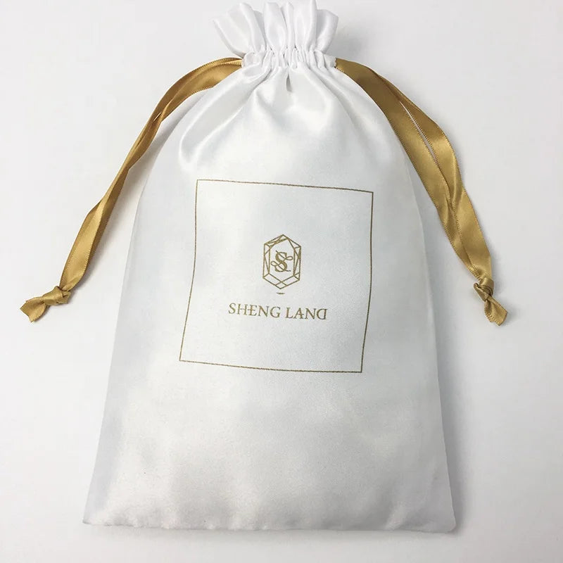 Custom Logo Printed White Satin Cosmetic Packaging Drawstring Bag Shoe Cloth Bag Satin Dust Pouch