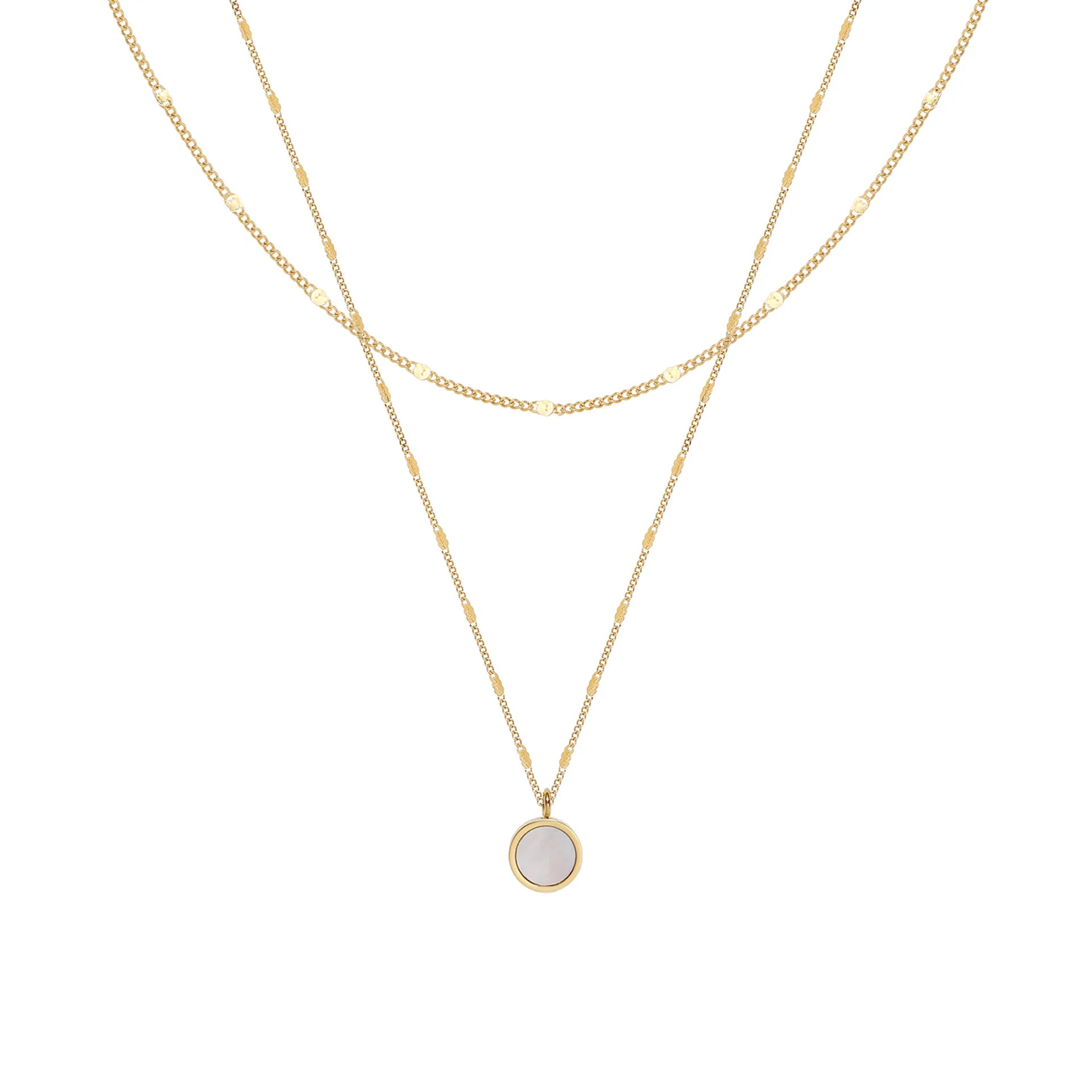 Fenny Wholesale 18K Gold Plated Fashion Double Layer White Shell Geometric Pendant Collarbone Chain Stainless Steel Necklace