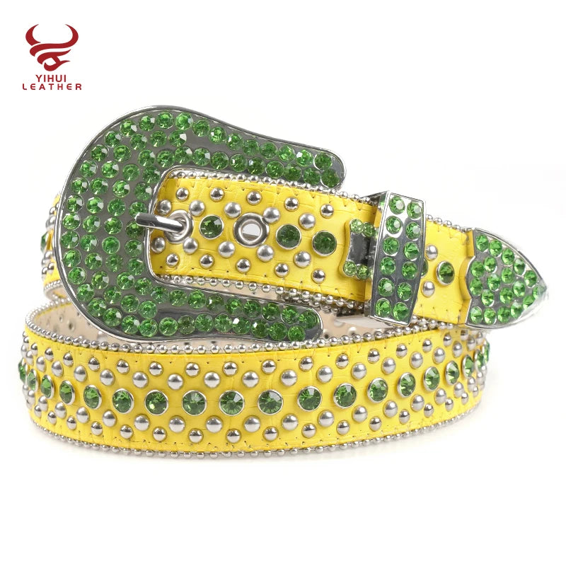 Factory New Original Style Western  Cowboy Yellow Crocodile PU Green Shinning Rhinestone BB Simon Belt