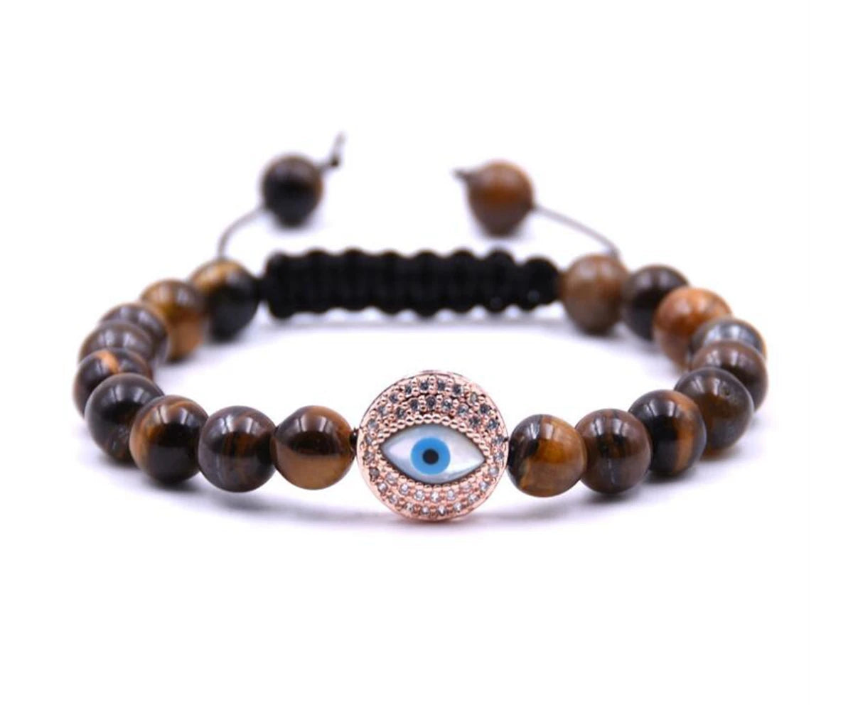 Hot Sale Gemstone 8MM Stone Bracelets Blue Eye Hamsa Charm Bead for Men Women Hand of Fatima Woven Rope Bracelet