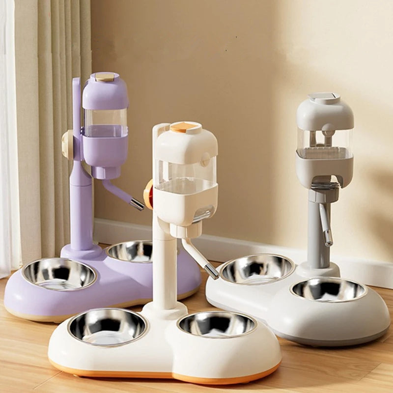 Adjustable Stainless Steel Anti-Overturning Cat Dog Double Bowl Automatic Water Dispenser PP Pet Feeder Bowls