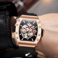 Men's Fashionable Automatic Mechanical Watch Square Dial Multifunctional Waterproof Hour Meter Hollow Luminous Glass Dial Rubber