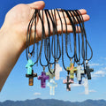 Handmade Cross-Shape Crystal Quartz Pendant Necklace with Leather Chain and Chakra Beads for Men Women's Wedding Healing Charms