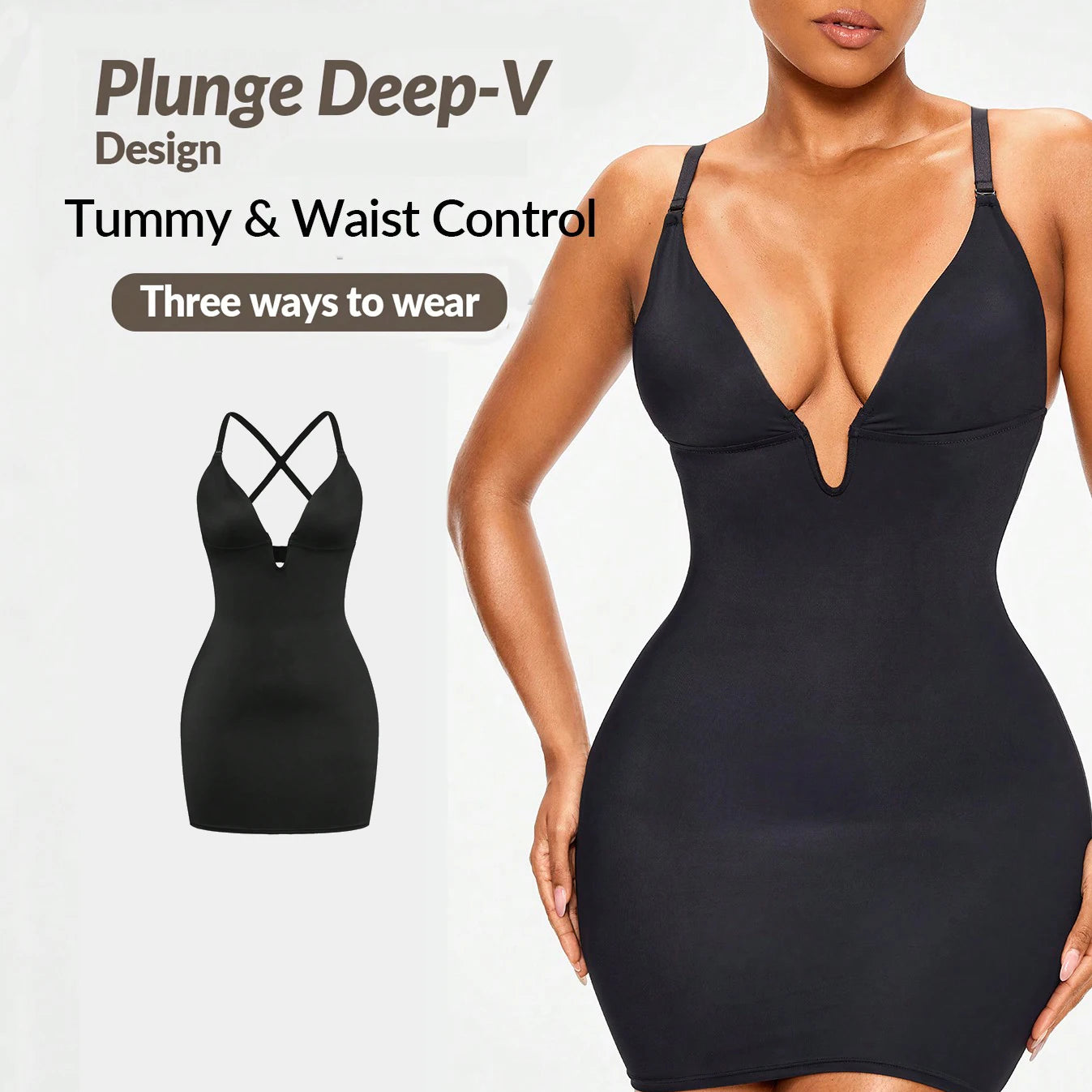 Ladymate OEM/ODM Control De La Barriga Woman Plunge Deep-V Shapewear Slip Dress Bust& Butt Lifter Tummy Control Shapewear Slips