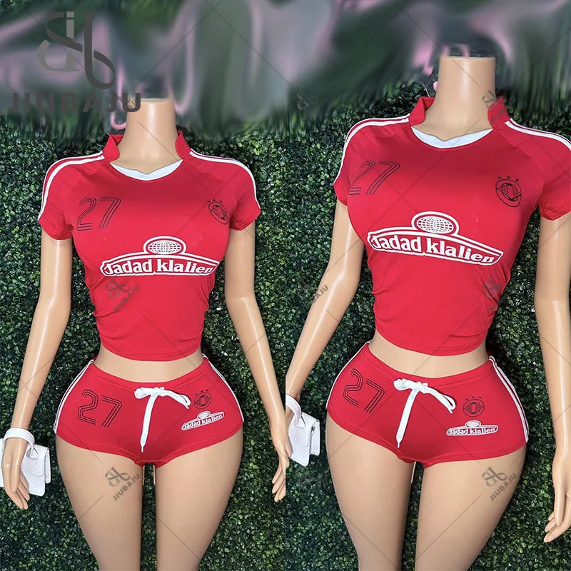 Letter Print Women 2 Piece Set Tracksuit Casual Sporty Mini Sleeve Crop Tops+Shorts Streetwear Stretch Matching Suit