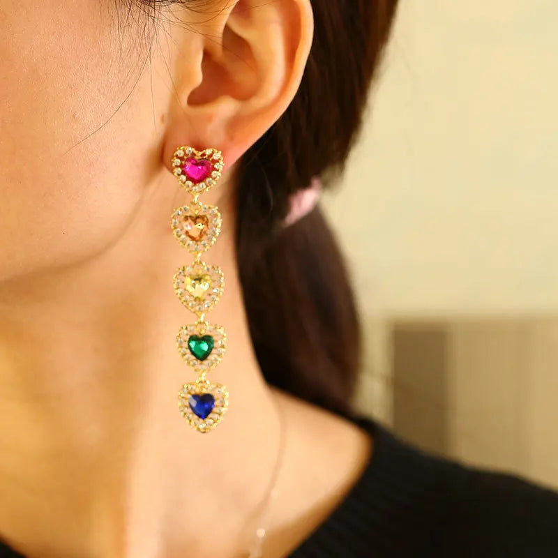 Hot Selling Ins Alloy Diamond Heart Earrings Light Luxury High Sense Long Fringe Rhinestone Earrings
