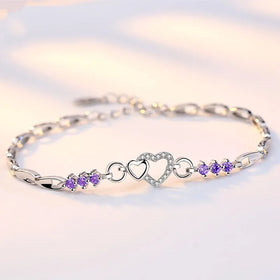 New Amethyst Silver Color Diamond Bracelet Female Full Diamond Heart to Heart Love Hand Decoration