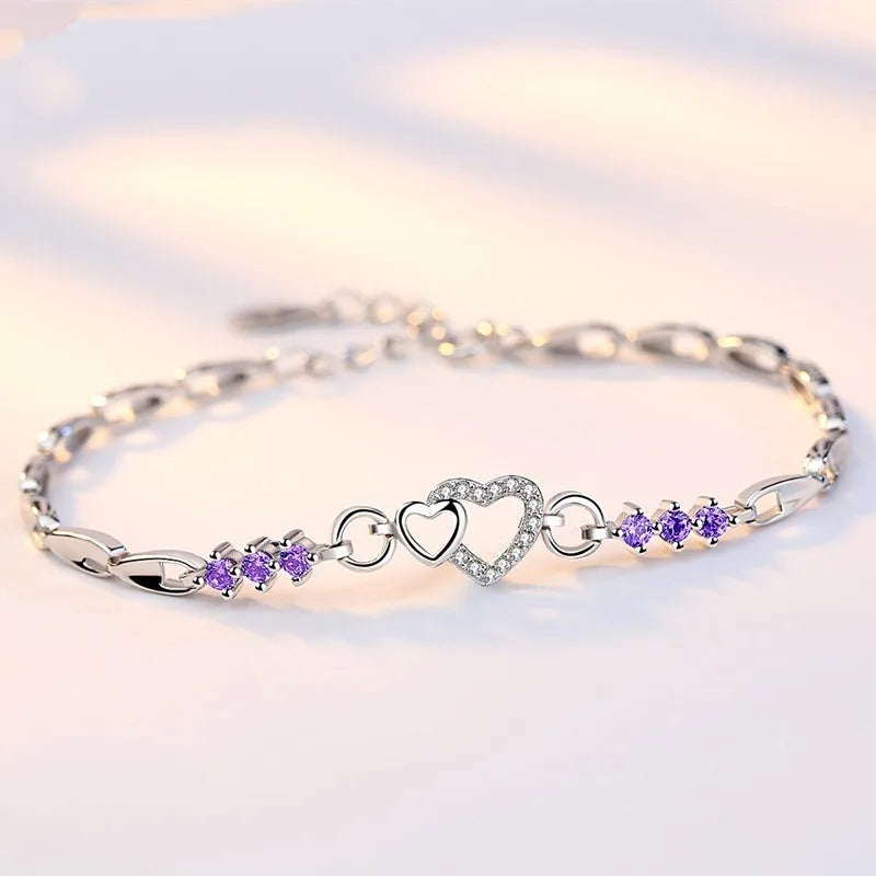 New Amethyst Silver Color Diamond Bracelet Female Full Diamond Heart to Heart Love Hand Decoration