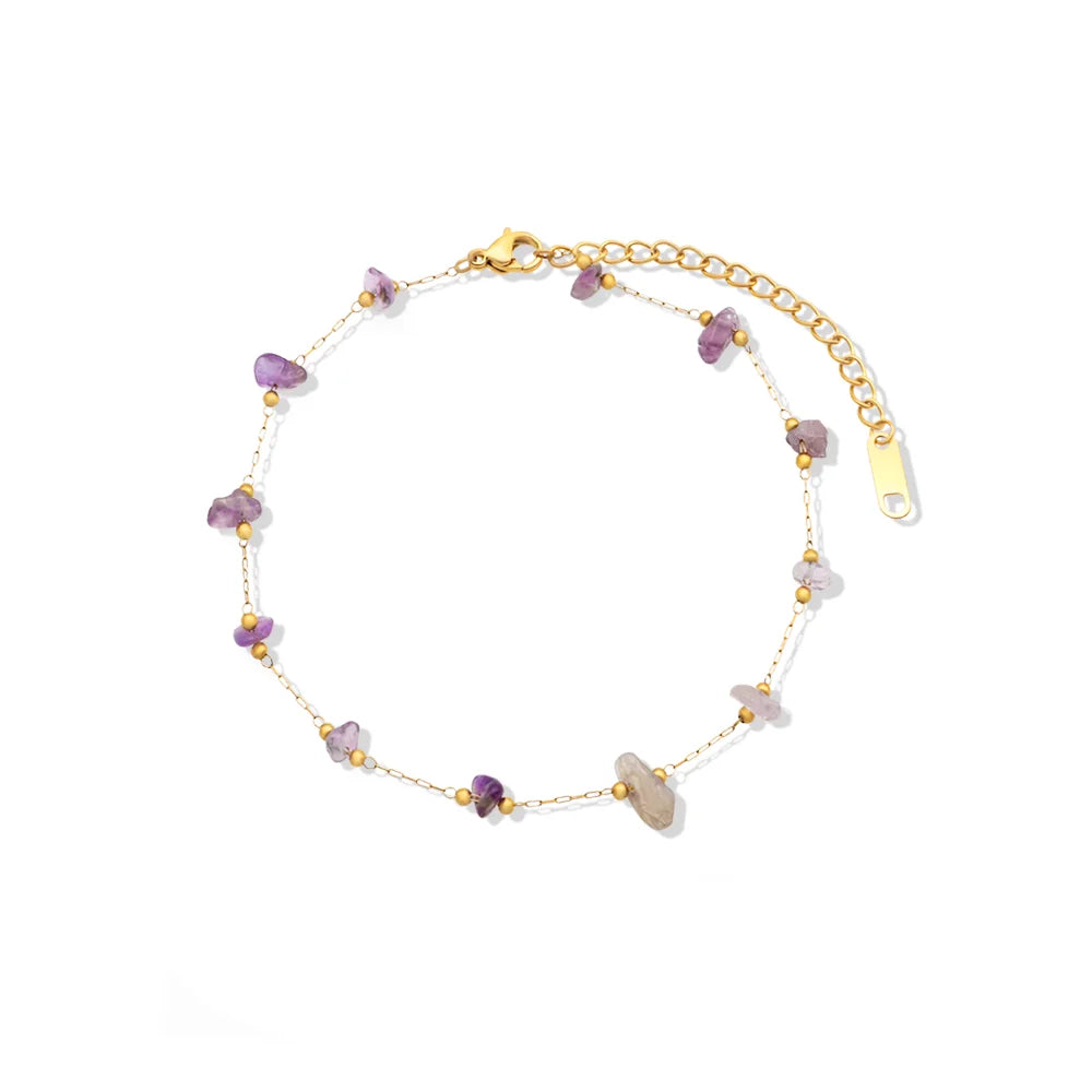 Chris April Fashion Jewelry PVD Gold Plated 316L Stainless Steel Amethyst Natural Gems Charms Anklet