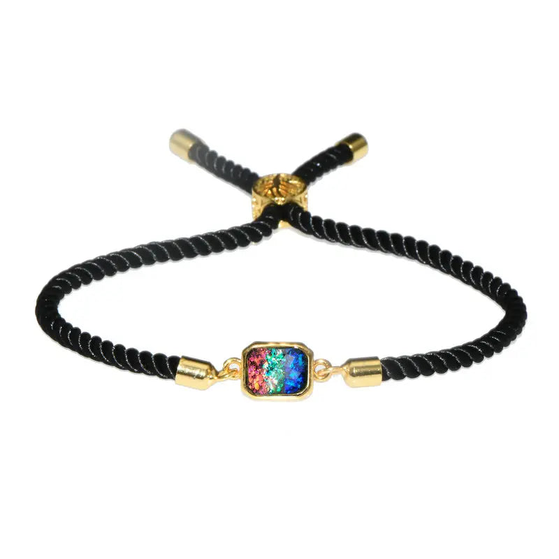 New Design Colorful Created Opal Gold Plated Rectangle Charms Rope Adjustable Bracelet