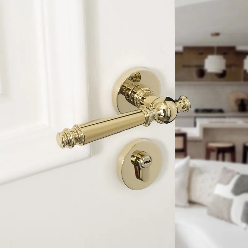 French Retro Interior Bedroom Door Privacy Safety Cylinder Lever Lock Solid Material Mirror Gold Plated Cylindrical Door Handle