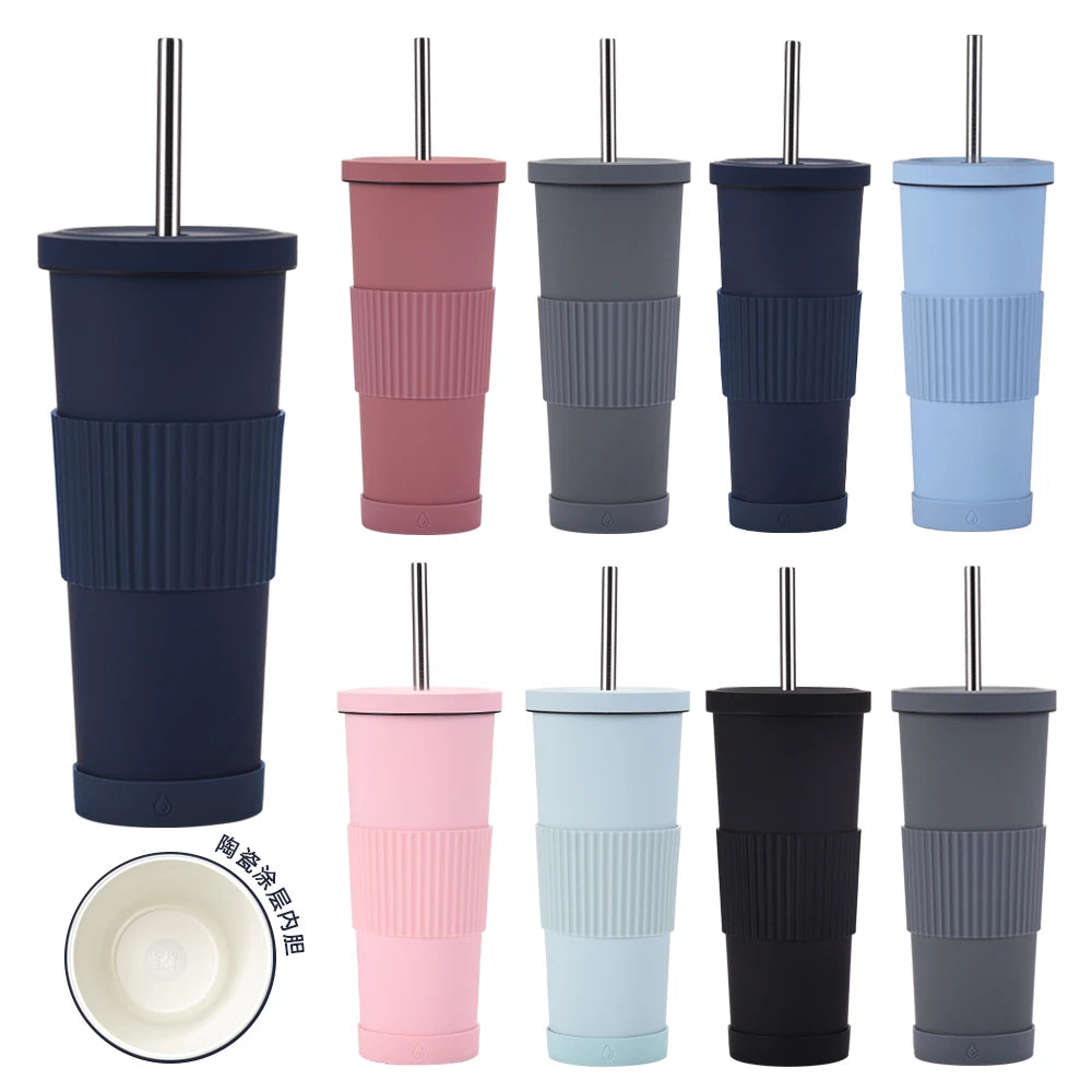 New Ceramic Inner Milk Tea Cup with Anti-Slip Sleeve 830ml Insulated Straw Tumbler Customized Logo Stainless Steel Straw Cup