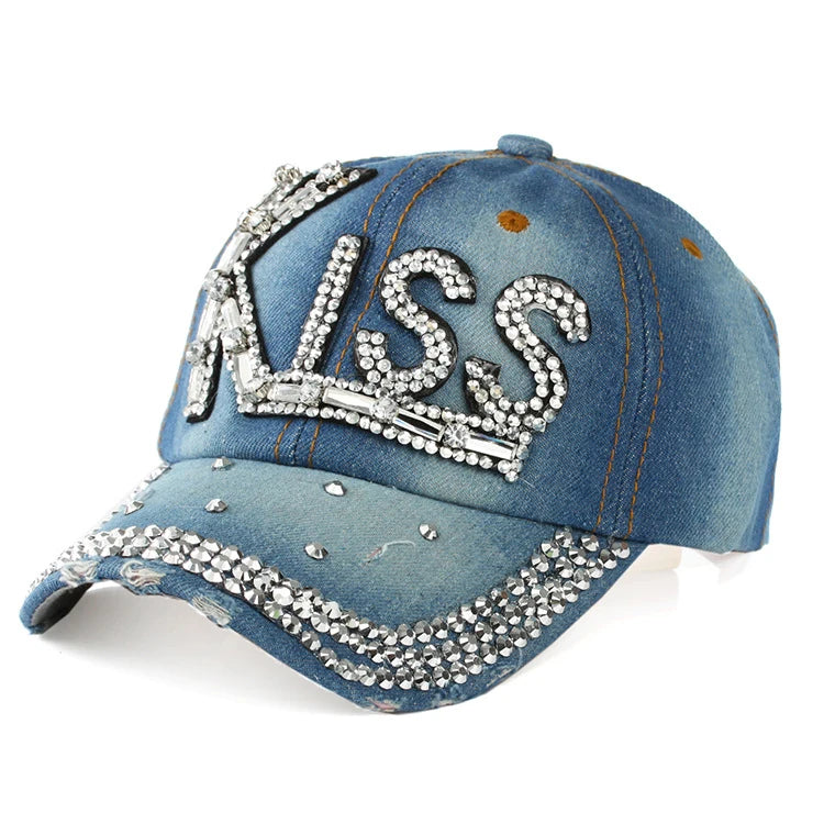 KISS Washed Distressed Denim Vintage Diamond Trucker Hat Rhinestone Baseball Cap