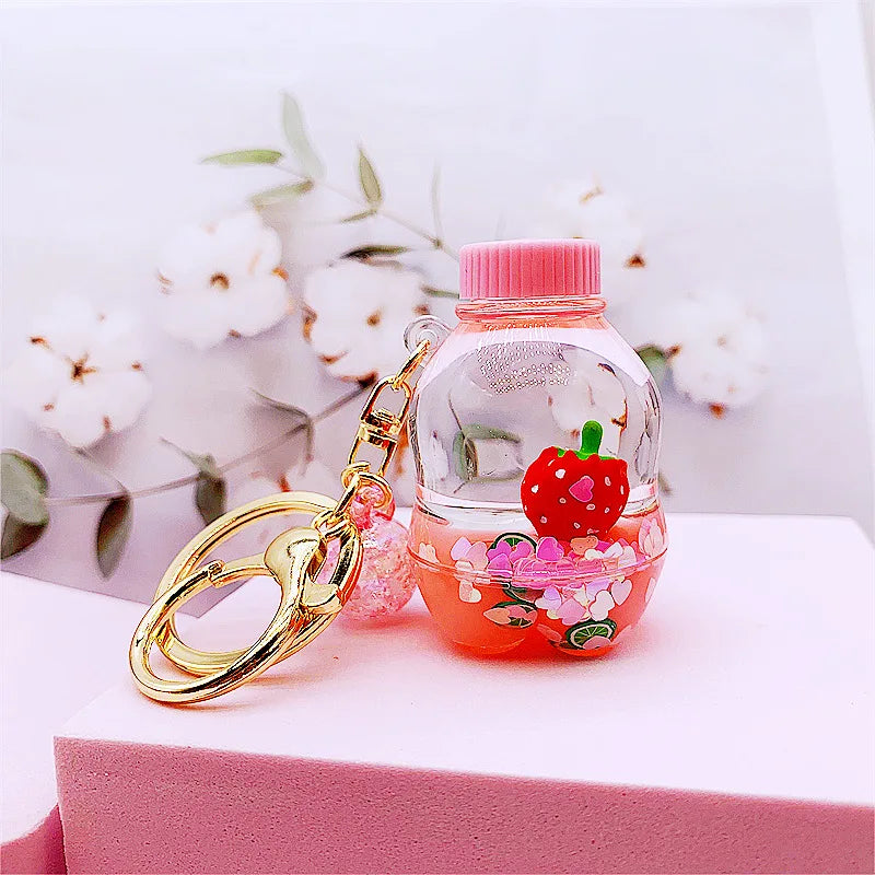 Trinkets Gift Cartoon Cute Acrylic Drink Bottle Key Chains 3D Liquid Strawberry Keychain