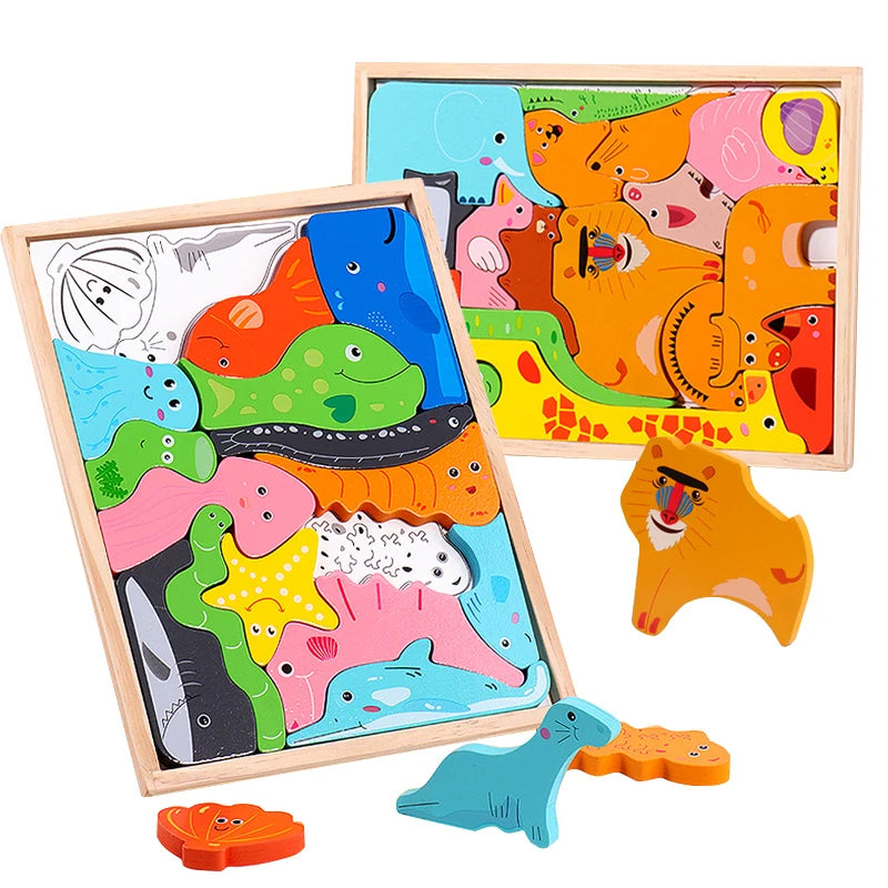 Cartoon Animal Matching Block 3D Shape Puzzle Wooden Board Games Montessori Educational Toys for 5 to 7 Years Old Movable Kids