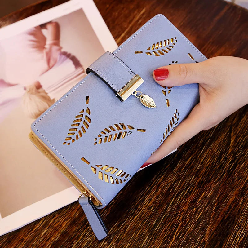New Korean Women Long Fashion PU Leather Wallet Luxury Hollow Leaf Zipper Purse Wallet for Ladies Wholesale