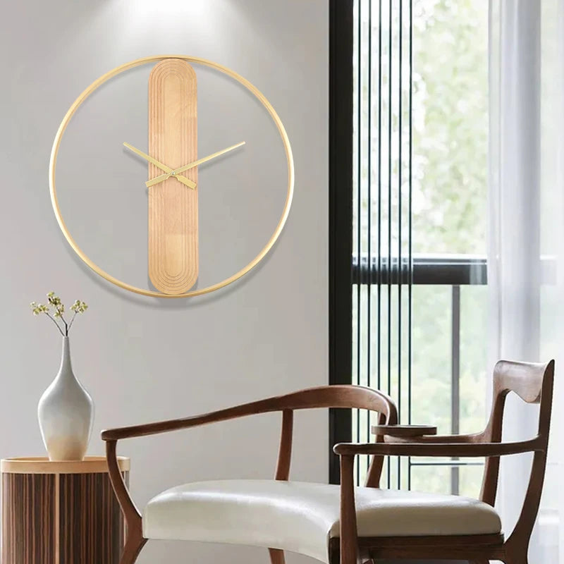 47cm Light Luxury Modern Indoor Decor Large Circular Wood Clocks Decorative Metal Frame Round Gold Wall Clock for Living Room