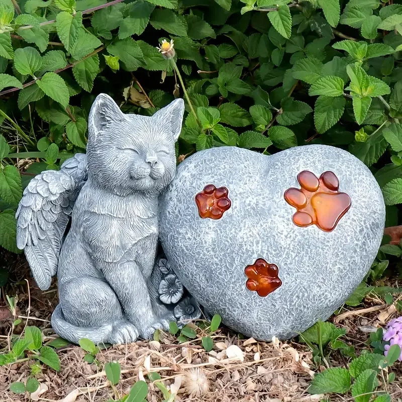 Solar Angel Cat & Heart Resin Sculpture Light Glowing Paw & Flower Detail Garden Decorative Pet Memorial Business Gift