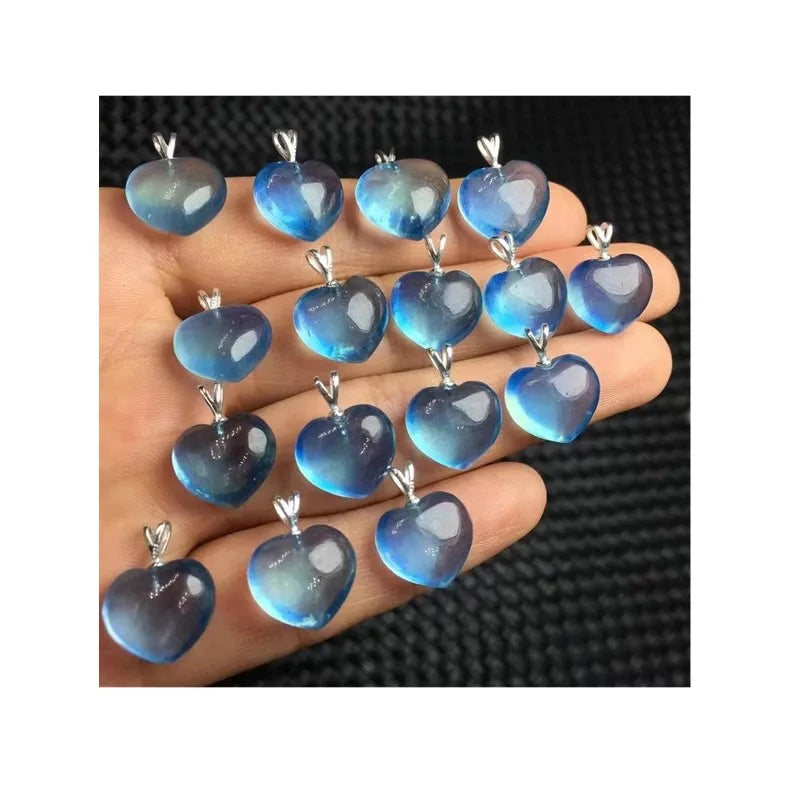 Hand Made Sterling Silver Fashion Healing Stones Crystal Jewelry  Natural Devil Blue Aquamarine Heart Charm Pendant