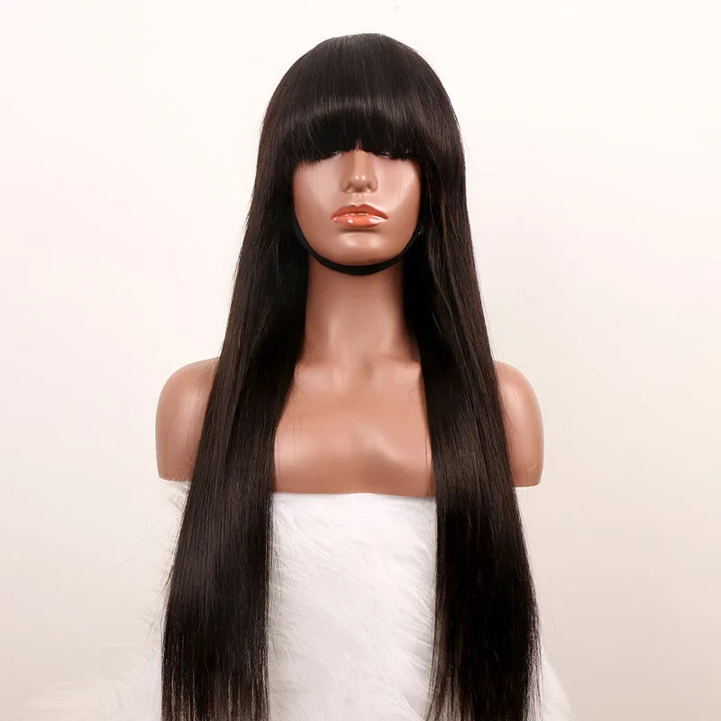 11A Full Machine Made Wig 180% Density Human Hair Wig Natural Black Color Human Hair Wig With Bang
