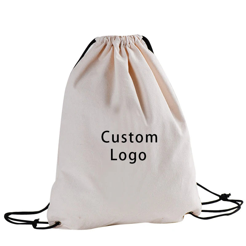 Custom Logo Fashion Natural Cotton Canvas Drawstring Backpack Bags Pouches for Travel