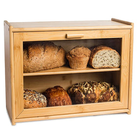 Small Kitchen Bamboo Bread Box with Double Storage Modern Transparent Wood Front Window-Eco-Friendly Paper Packaging
